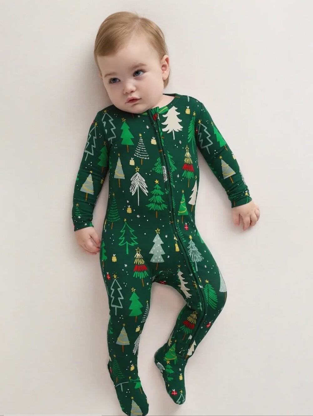 Quince Bamboo Footie Pajama — Green Holiday Tree Print